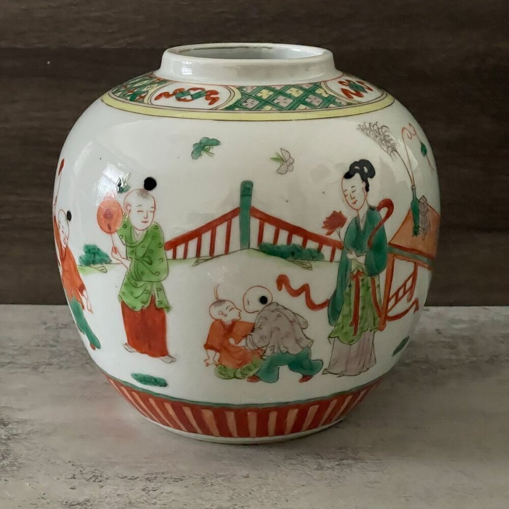 Antique 19th c. Chinese Famille Verte Hand Painted Ginger Open Jar Qing Dynasty